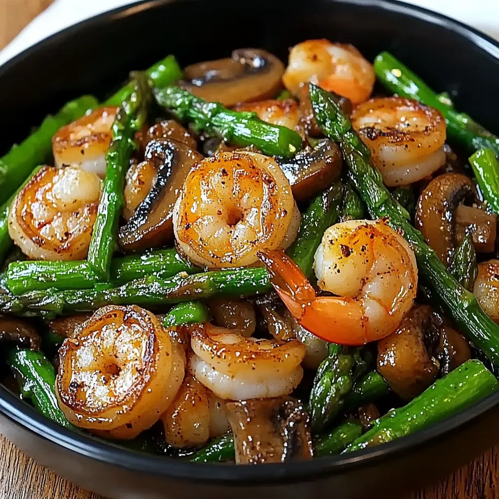 eceita de Salteado de Camarão com Aspargos e Cogumelos